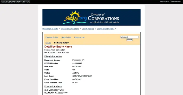 Sunbiz Detail by Entity Name page showing Document Number, Status ACTIVE, and Filing Information for a foreign profit corporation