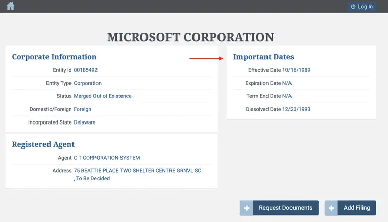South Carolina entity profile for Microsoft Corporation showing Corporate Information, Important Dates, and Registered Agent sections