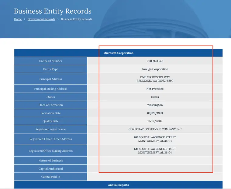 Alabama entity detail page for a foreign corporation showing Entity ID Number, Entity Type, status, place of formation, formation and qualification dates, registered agent fields and Annual Reports