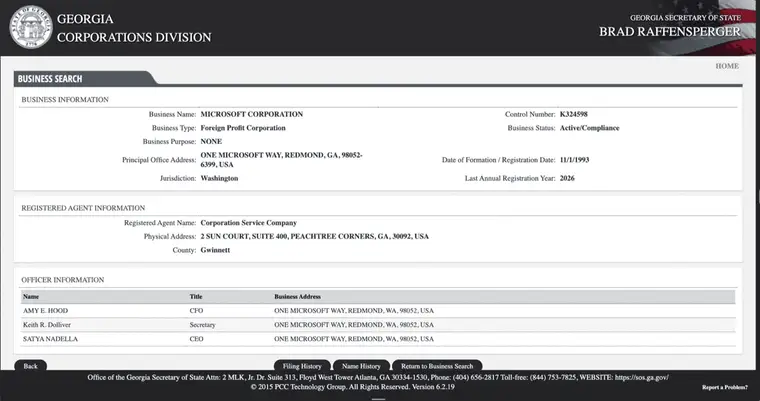 Georgia eCorp Business Information detail for a foreign profit corporation showing Control Number, Business Status, and registered agent sections