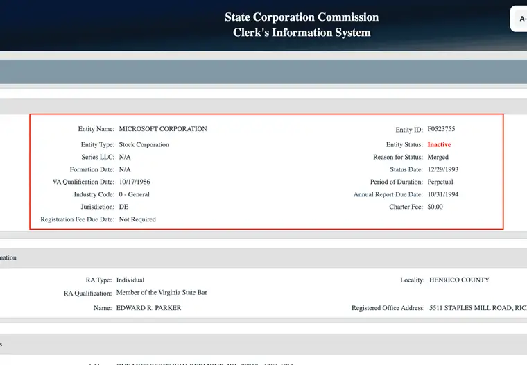 Virginia CIS entity details for an inactive Microsoft Corporation record showing Entity Status Inactive, Reason for Status Merged, Status Date 12/29/1993, VA Qualification Date 10/17/1986, Jurisdiction DE, and a registered agent block naming an individual who is a member of the Virginia State Bar