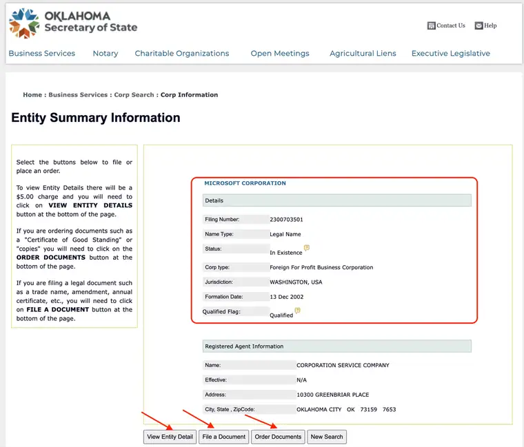 Oklahoma Entity Summary Information screen for Microsoft Corporation showing filing number, name type, status In Existence, corp type, jurisdiction, formation date and qualified flag, above registered agent information and buttons for View Entity Detail, File a Document, Order Documents and New Search