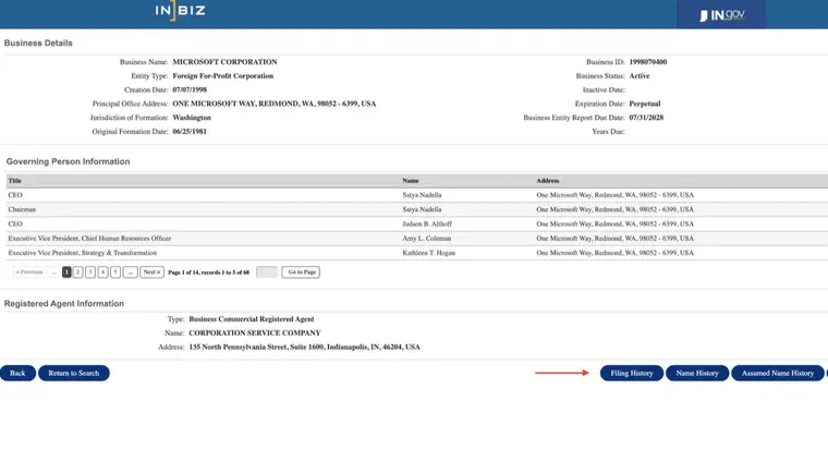 Indiana Business Details screen for Microsoft Corporation showing entity type, business status, creation date, original formation date, jurisdiction of formation and business entity report due date, with Filing History, Name History and Assumed Name History buttons below