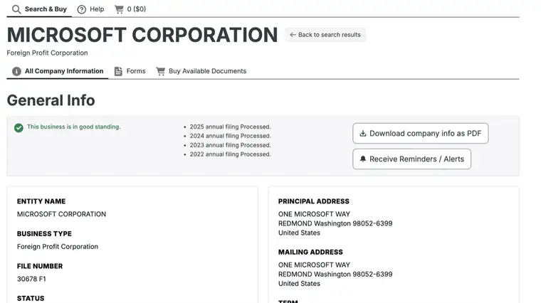 Hawaii Business Express company detail page for a Foreign Profit Corporation showing a good standing banner, General Info with entity name, business type, file number, and addresses