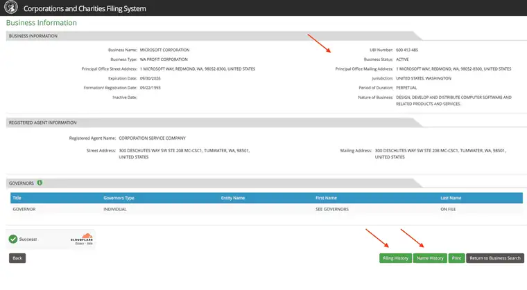 Washington Business Information screen for Microsoft Corporation showing UBI Number, Business Status, Expiration Date, Formation Registration Date, Jurisdiction and Period of Duration, with Filing History and Name History buttons at the foot of the page