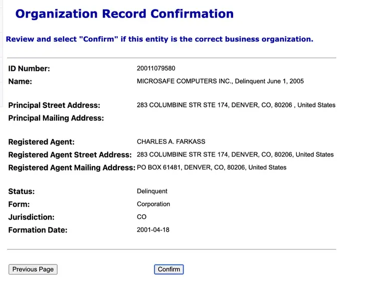Colorado Organization Record Confirmation page showing ID Number, Name, Registered Agent, Status Delinquent, Form Corporation, Jurisdiction CO, and Formation Date