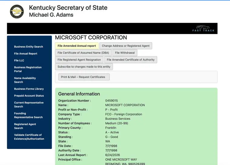 Kentucky organization detail for Microsoft Corporation showing organization number, company type, industry, status, standing, formation state, filing dates and online filing actions