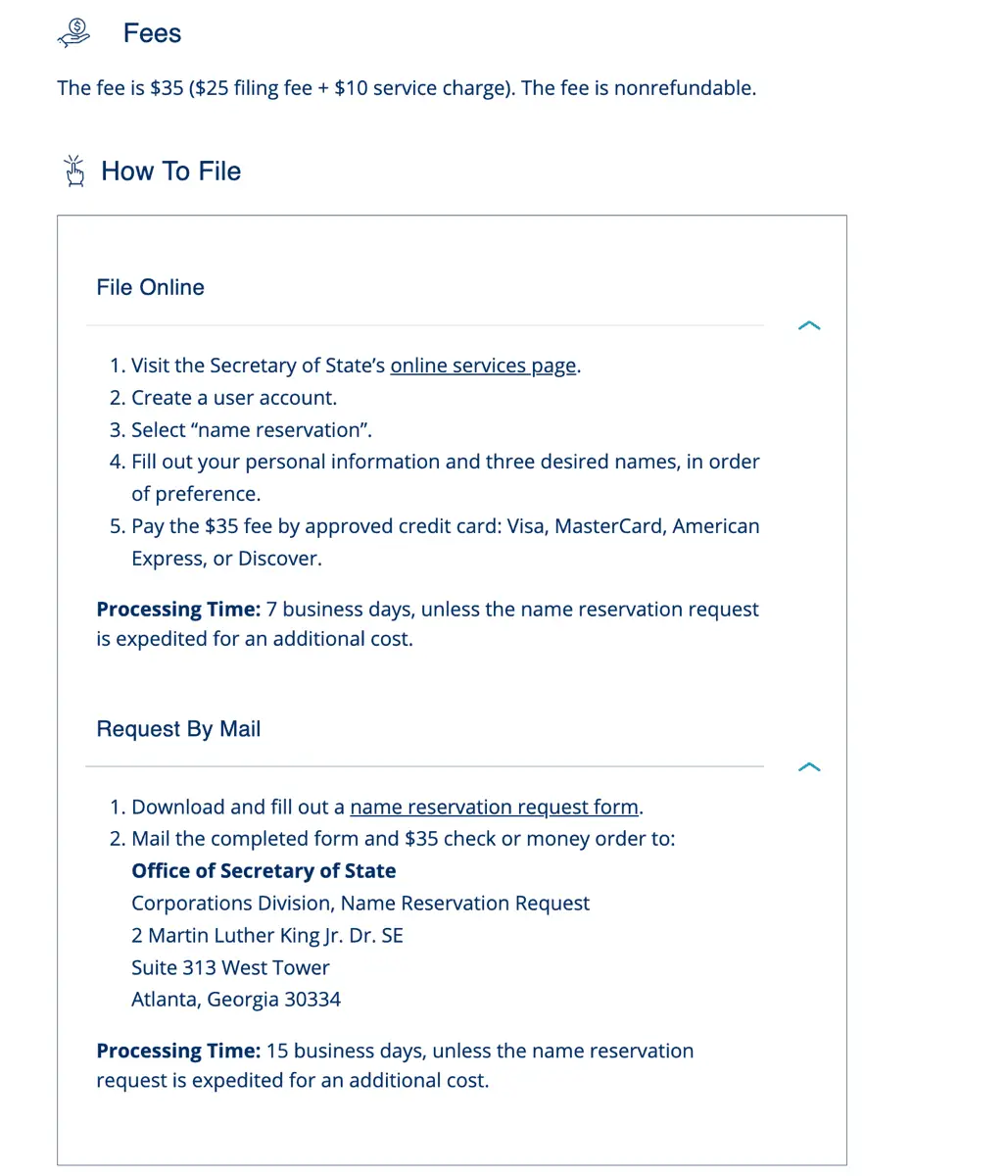 Georgia Secretary of State How to Reserve a Name page. The Fees section reads: The fee is $35 ($25 filing fee + $10 service charge). The fee is nonrefundable. The How To File section lists filing online (7 business days) and by mail (15 business days), paying the $35 fee, and listing three desired names in order of preference.